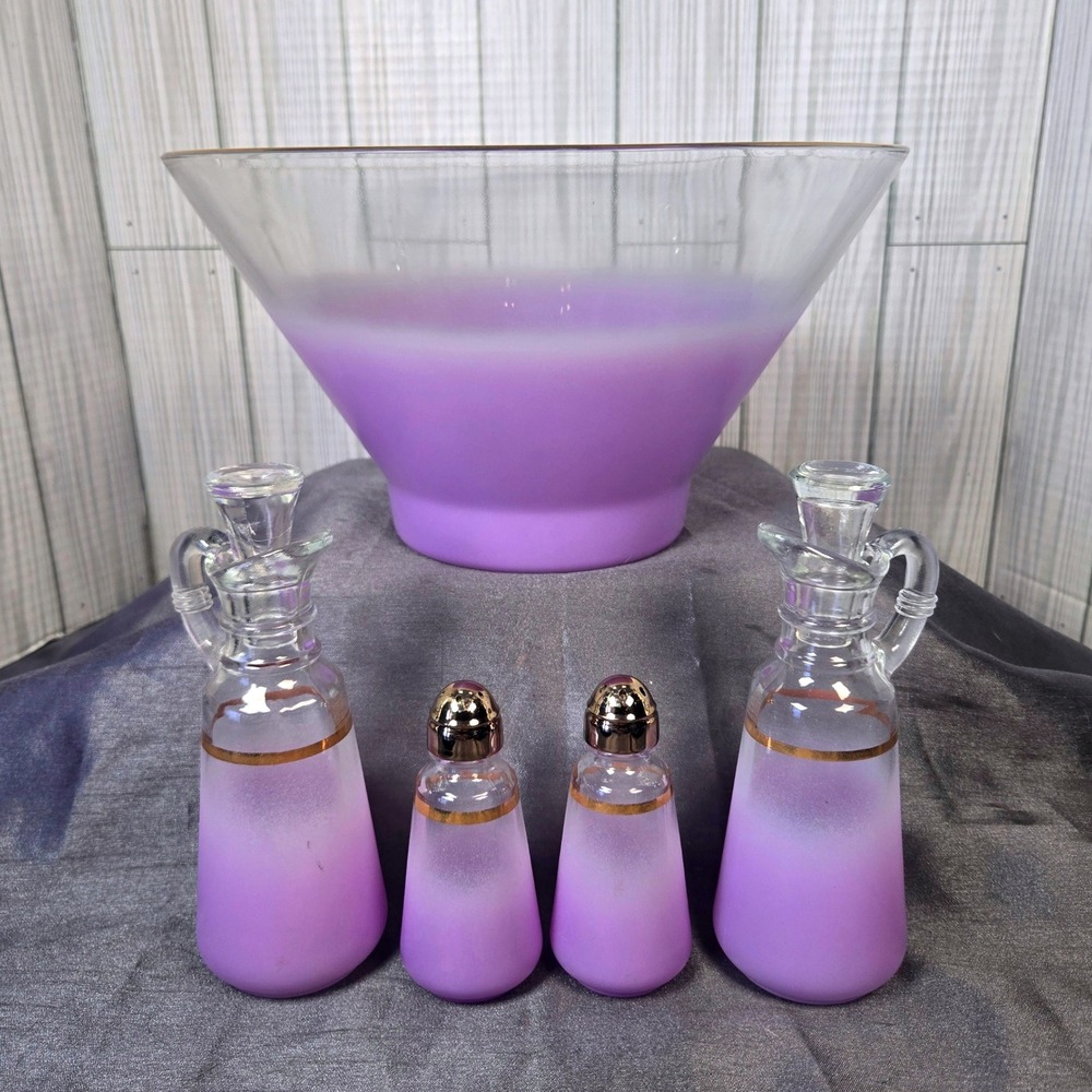 Vtg Anchor Hocking Purple Blendo  Purple Glass Salad Bowl‎ Cruets Shakers Retro